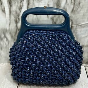 Vintage Midnight Blue Raffia Beaded Clamshell Handbag Evening Unique Whimsy Vibe